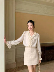 Bxoxo Elegant Wood Ear V Neck Shirt Women Korean Chic Rose Decoration Long Sleeve Tops Y2K Autumn Patchwork Office Lady Casual Blouse