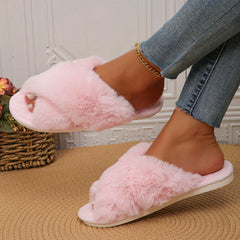 BXOXO Faux Fur Corss Band Fuzzy Slippers Women Winter Warm Plush Indoor Fluffy Shoes Woman Soft Sole Open Toe Home Cotton Slippers