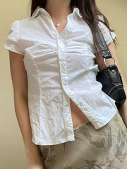 BXOXO Harajuku Y2K White Blouses Basics Turn-down Neck Chic Back Lace-Up Aesthetic Shirts Women Fashion Casual Cute Clothes