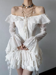 Bxoxo Sweet Ruffle Dress Women Y2K Sexy Off Shoulder Lace Up Long Sleeve Mini Dress Fashion Irregular Party Club Vestidos Mujer