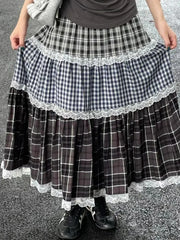 Bxoxo Vintage Harajuku Lace Plaid Skirt Women Preppy Style Long Skirts Autumn Winter Streetwear Retro A-line Ruffle Skirts