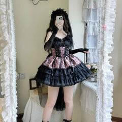 BXOXO Japanese Style Sweet Lolita JSK Princess Dress Gothic Lace Stitching Chain Bow Sleeveless High Waist Slim Mini Sling Dress Women