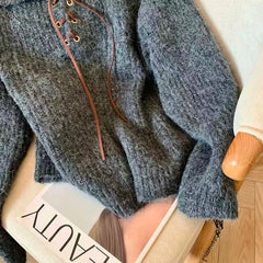 Bxoxo Lapel Lace Up Knitted Sweater for Women Autumn Loose Thick Warm Casual Pullovers Korean Long Sleeve All Match Jumpers Mujer