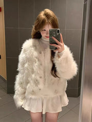 Bxoxo Sweet Faux Mink Fleece Cardigan Sweater Women Korean Chic Beading Thick Fur Coat Y2K Korean Loose Long Sleeve Hairy Sweater New
