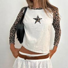 Bxoxo Retro Leopard Print T-shirts Women Casual Autumn Long Sleeve Knitted Cropped Tops y2k Vintage Tees Aesthetic Ladies Basic