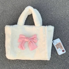 BXOXO Kawaii Lolita Women Shoulder Bag Cute Soft White Plush Handbag Large Capacity Sweet Fashion Designer Exquisite Tote Bag