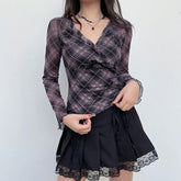 BXOXO Y2K Aesthetic Frill Plaid Tshirt Mesh Top V Neck Chic Bow Ruffles Autumn Tee Shirts Female Clothing Vintage Fashion