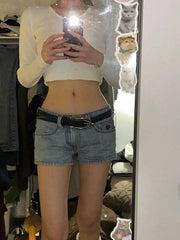 Bxoxo Woman Slim Denim Shorts Low Waist Wash Jean shorts Embroidery Hot Pants A Line Gyaru American Style Sexy Clubwear All-match