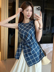 Bxoxo Vintage Slit Plaid Tanks Women Casual O Neck Sleeveless Korean Retro Tanks Summer Simple Design Female Elegant Tops New