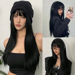 BXOXO Synthetic Long Silky Straight Wigs with Bangs Black Cosplay Party Lolita Hair Wigs for Women Natural Heat Resistant Wig