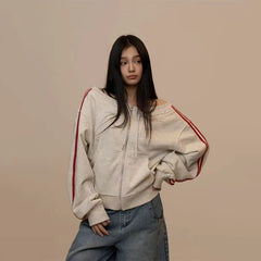 Bxoxo Sexy Slash Neck Long Sleeve Women Cardigan Y2K Streetwear Slim Zipper Female Coats Autumn American Striped Crop Hoodies Mujer