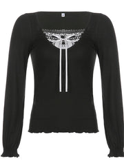 BXOXO Spring Fall Women T-Shirts Y2k Long Sleeves Scoop Neckline Retro Lace Hem Tops Korean Style Basic Tee Vintage Club Streetwear