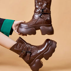 BXOXO Chunky Heel Women's Pu Leather Ankle Boots Double Buckle Platform Side Zipper Short Boots Winter New Goth Metal Punk Shoes Botas