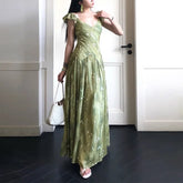 Bxoxo Gentle Green French Style Strapless Chiffon Dress with Fly Sleeve Holiday Floral Long Skirt for Women Empire Waist Design