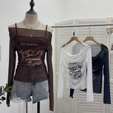 BXOXO Women's Retro Y2K Hot Girl One Shoulder Mesh Sunscreen Cover Up Camisole Long Sleeve T-Shirt Two-piece Tops Suit Daily Outfits