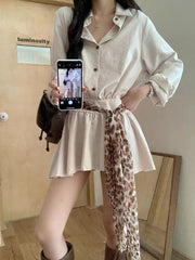 Bxoxo Autumn Lapel Shirt Mini Dress Women Fashion Streetwear Leopard Print Lace Up Dress Y2K Korean Elegant Long Sleeve Vestidos New