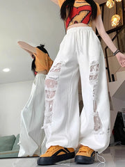 Bxoxo Y2K Hole Wide Leg Pant Women Streetwear Loose High Waist Lace Patchwork Trouser American Vintage Casual Harajuku Bf Pants