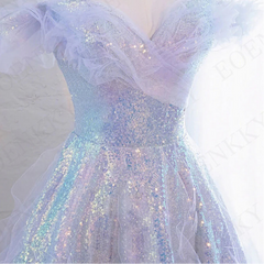 BXOXO Purple Princess Off Shoulder Prom Dress 프롬드레스 Luxury Sequin Tulle Formal Evening Dresses Long Sweetheart Neck Lace-up Back Women