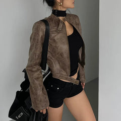 Stand Collar Jacket Leather Short Coat Women Autumn New Straight Tube Slim Short Motorcycle Jacket Korean Sweet