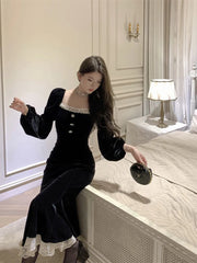 Bxoxo Lace Patchwork Black Dress Women Fall Winter French Elegant Square Collar Midi Dress Ladies Gold Velvet Party Fishtail Vestidos