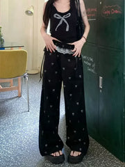 Bxoxo Fashion Lace Patchwork Women Casual Pants Summer Loose Preppy Bow Print Jogging Pants High Waist All Match Straight Trousers