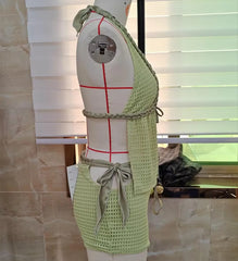 BXOXO Summer Two Piece Crochet Set for Women Tie Up Halter Open Back Split Cami Tank Top Hollow Out Shorts Beachwear