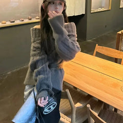 Bxoxo Women Thickening Slash Neck Off Shoulder Solid Simple All-match Casual Sexy Spicy Girls Knitted Sweater Ulzzang Unique