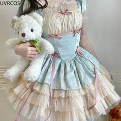 Bxoxo Victorian Sweet Lolita Dress Women Kawaii Bowknot Print Ruffles Party Mini Dresses Japanese Vintage Elegant Mesh Princess Dress