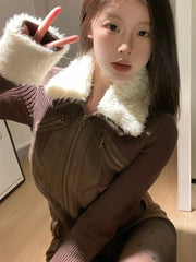 BXOXO Autumn Khaki Vintage Jacket Coat Women Lapel Lamb Trend High Street Warm Coat Female 2024 New Style Chic Slim Short Retro Coat