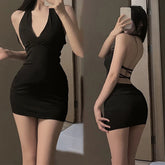 Bxoxo Women Sexy Halter Backless Slim V-neck Wrap Black Party Night Mini Dress