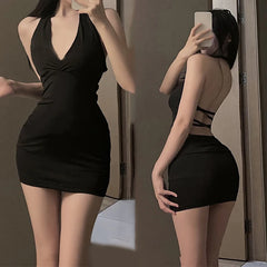 Bxoxo Women Sexy Halter Backless Slim V-neck Wrap Black Party Night Mini Dress