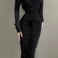 BXOXO Elegant Fashion Off Shoulder Dark Flower Ruffles Long Dress Gothic Slash Neck Long Sleeve Maxi Dresses For Women 2024