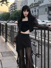 BXOXO Korean Simple High Waist Hollow Out Black Pants+ Y2k E-Girl Slim Fit Mesh Long Sleeve Tops Women Grunge Two Piece Sets