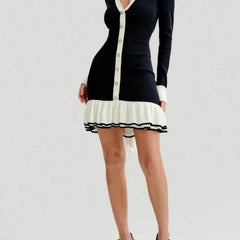 Bxoxo Elegant Black Knitted Mini Dresses Women Sweet V-neck Long Sleeve Party Dresses Sexy Bow Retro Ruffle Knitwear Dresses