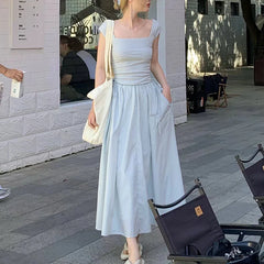 Bxoxo Elegant Stitching Dress Female Korean Chic Square Collar Short Sleeve Beach Party Dress Ladies High Waist All-Match A Line Dress