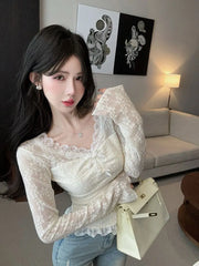 Bxoxo Sexy Lace Patchwork Women T Shirt Women Korean Chic V Neck Slim Cropped Tops Y2K Female Solid Sweet Bow Bottoming Tees
