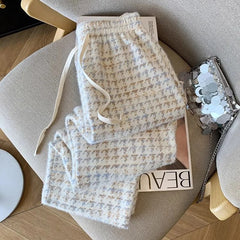 Bxoxo Vintage Houndstooth Women Wide Leg Pants Winter Thick Faux Mink Velvet Loose Straight Trouser High Waist All Match Female Pants