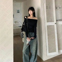 Bxoxo Sexy Punk Y2k Long sleeve Crop Top One shoulder Harajuku Grunge Goth Pullover Streetwear Hip Hop Baby Tee Retro Fashion Top EMO
