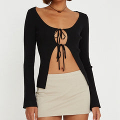 BXOXO Front Tie Up T-shirt Women Vintage Long Sleeve Slim Fit Tee Fairy Y2K Knitted Cardigans Crop Tops Korean Streetwear