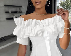 BXOXO Sexy One-piece Collar Slim White Shirt And Blouses Women's Summer Short Sleeve Fashion Ruffle Button Cardigan Female Shirts Top