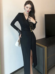 Bxoxo Spring Elegant Sexy Casual Maxi Dresses for Women Black Brown Slit Long Robe Femme Office Party Street Clothing Vestidos