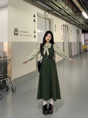 Bxoxo Y2K Fake 2 Piece Long Sleeve Midi Dress Women Autumn Chic Preppy Bow Tie Lapel Shirt Elegant Office Lady Casual Fake Two Pieces