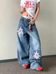 Bxoxo Y2K Star Patches Women Denim Pants Autumn Loose Streetwear Casual Wide Leg Jeans Bf American Hip Hop Punk Machete Trousers New