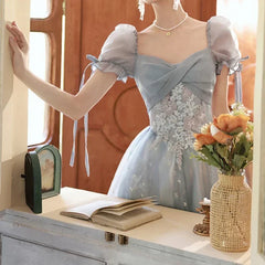 BXOXO Customized Simple Solid Square Collar Puff Sleeve Princess Prom Dress Front Cross Bow Design Slim A-line Vestidos High End Strap