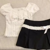 BXOXO Lace White Slim Kawaii Cute Women Clothes T Shirt Suit Harajuku Sexy Sweet Girl Japanese Grunge Crop Top 90s Baby Tee Femme Y2k