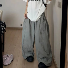 Bxoxo Gary Oversized Women Cargo Pants Wide Leg Elastic High Solid Color Korean Fashion Baggy Trousers Grunge Streetwear