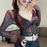 Bxoxo Grunge Crop Tops y2k Clothes Women Tie Dye Print Tie Front V Neck Long Sleeve Mesh T Shirts 2000s Clothing Streetwear