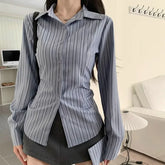 BXOXO New Blue Striped Long Sleeve Shirt Jacket Women's Spring Autumn Design Sensibility Nicheslims Smooths Your Silhouette Slimm