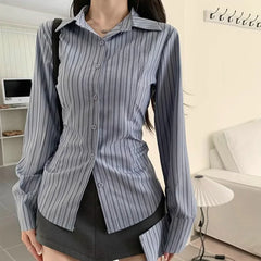 BXOXO New Blue Striped Long Sleeve Shirt Jacket Women's Spring Autumn Design Sensibility Nicheslims Smooths Your Silhouette Slimm