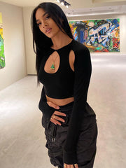 Bxoxo Summer Long Sleeve Cropped Corset Women Top Sexy Aesthetic Club O Neck Fairy Grunge Black Women's T-Shirt